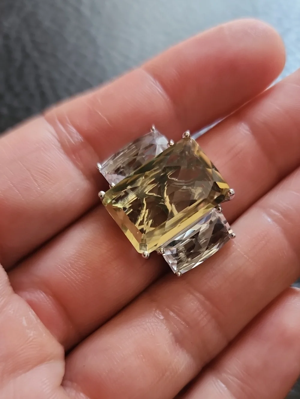 Carol Brodie Sterling Silver Canary Yellow & Clear Quartz Ring - Size 7